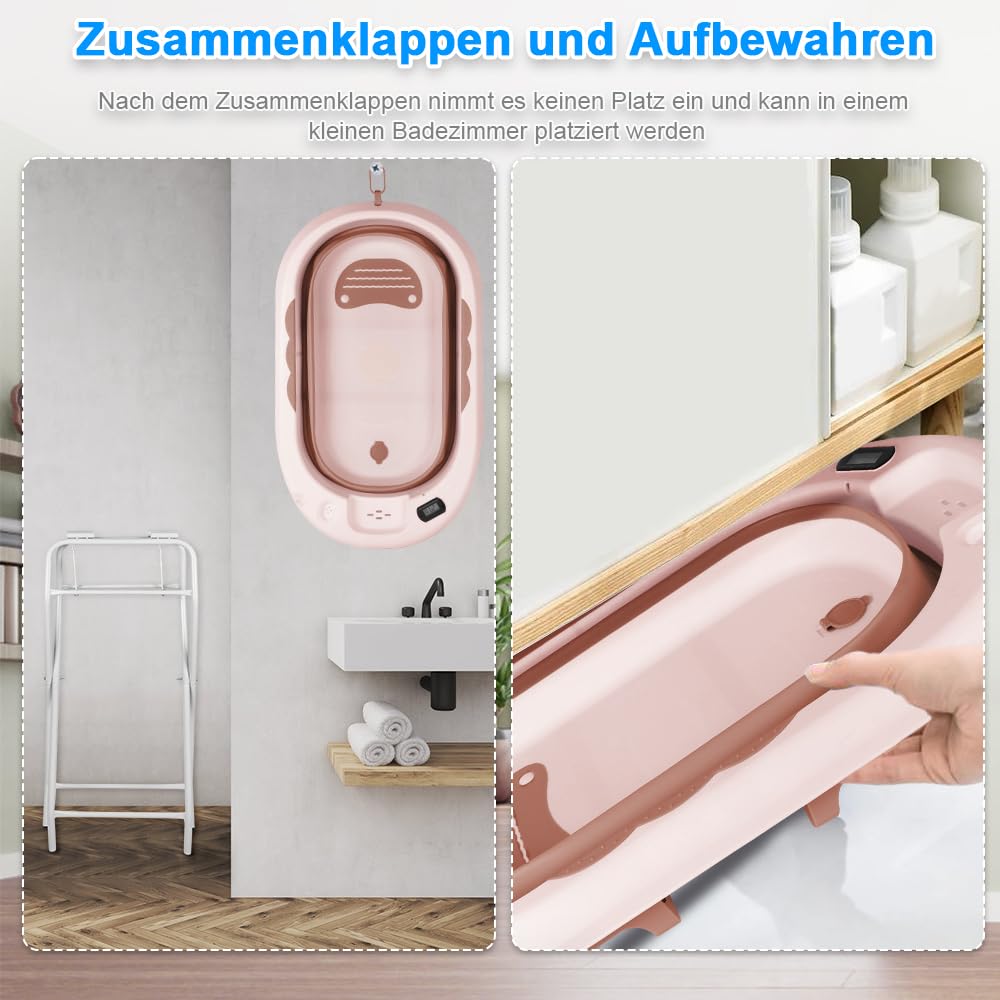 Faltbare Babybadewanne auf Fuß, Badewanne mit Ständer, bequeme faltbare Babywanne mit integriertem Baby-Badekissen und integriertem Thermometer für Neugeborene und Kleinkinder (Rosa)