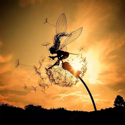 Fcteap Hada de flores bailando con diente de león, escultura de arte de jardín, estatua de acero inoxidable, decoración de Navidad de Halloween para
