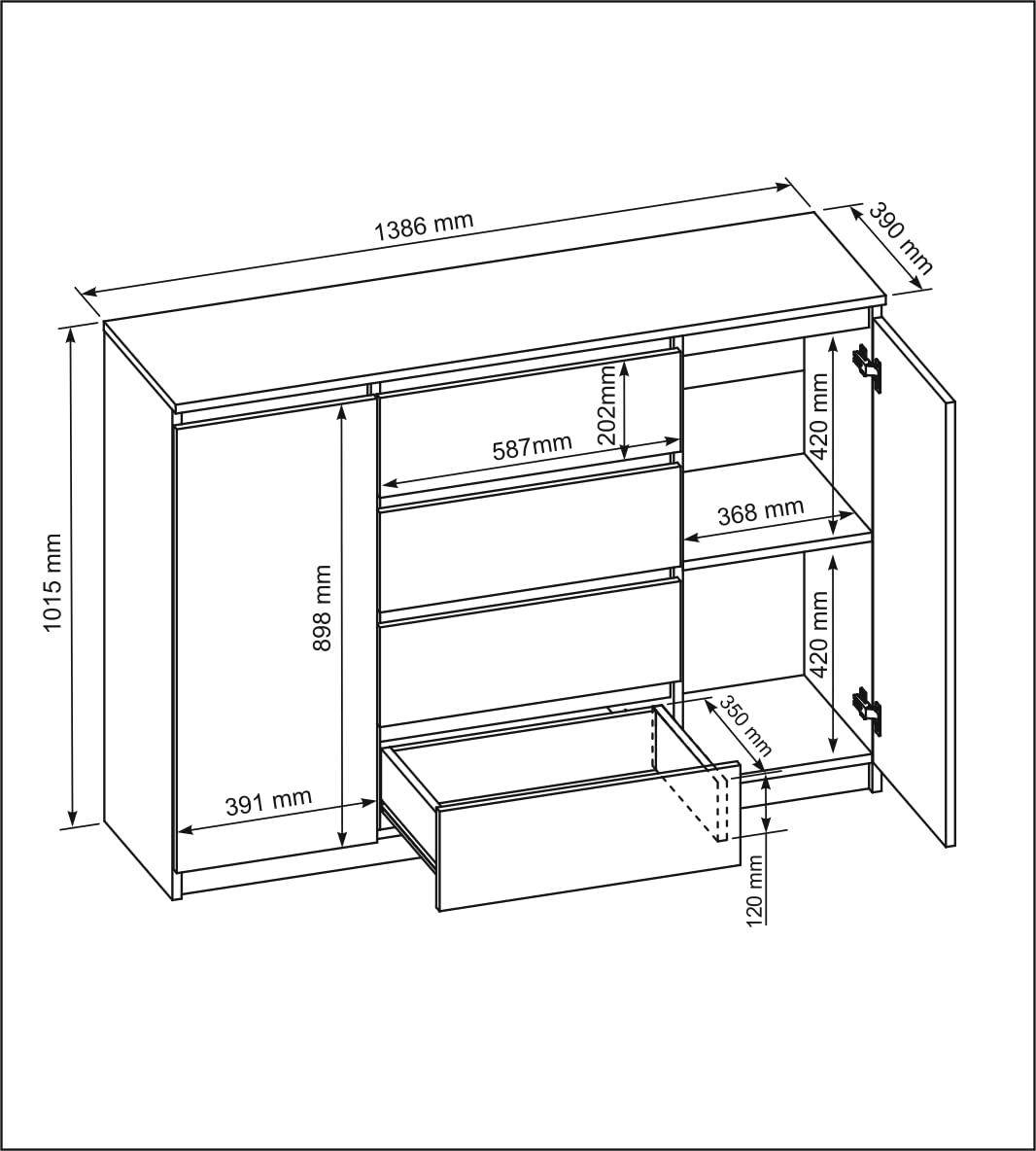 meble masztalerz Komoda Biała z 4 szufladami i 2 drzwiami - Fronty wysoki połysk - 138,6x101,5x39 cm - Komoda do salonu, sypialni - Szafka z szufladami - Komoda z szufladami | Szafa komodowa 138, 6 x 101, 5 x 39 cm, nowoczesna szafa z szufladami, kredens