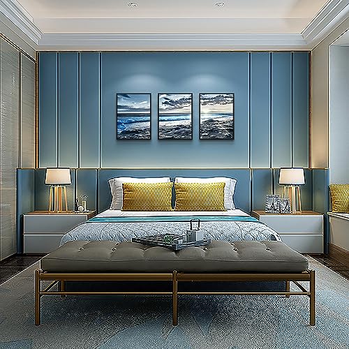 Black Framed Canvas Wall Art For Living Room Wall Decor For Bedroom Blue Beach Seascape Wall Pictures Ocean Landscape Paintings Artwork Office Decor Poster Prints Home Decoration 3 Piece Framed Art