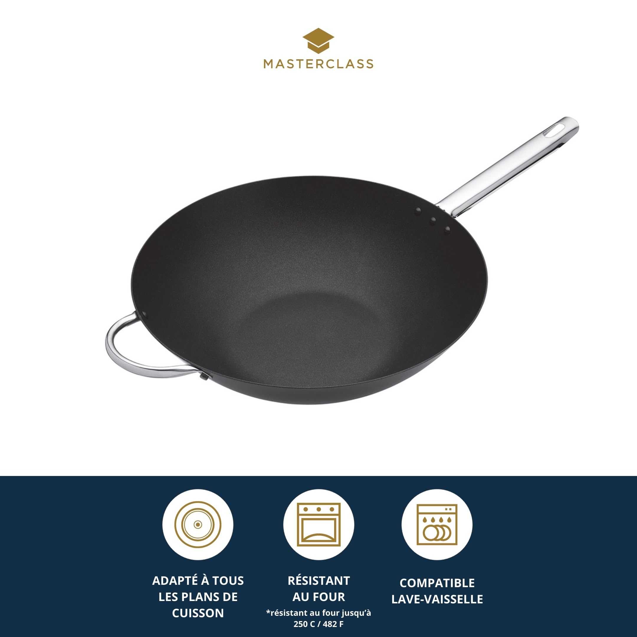 MasterClass Wok Carbon, Antiadhésif, Acier Au Carbone, Poêle Wok De 8 Litres, 35,5 cm (14''), Noir