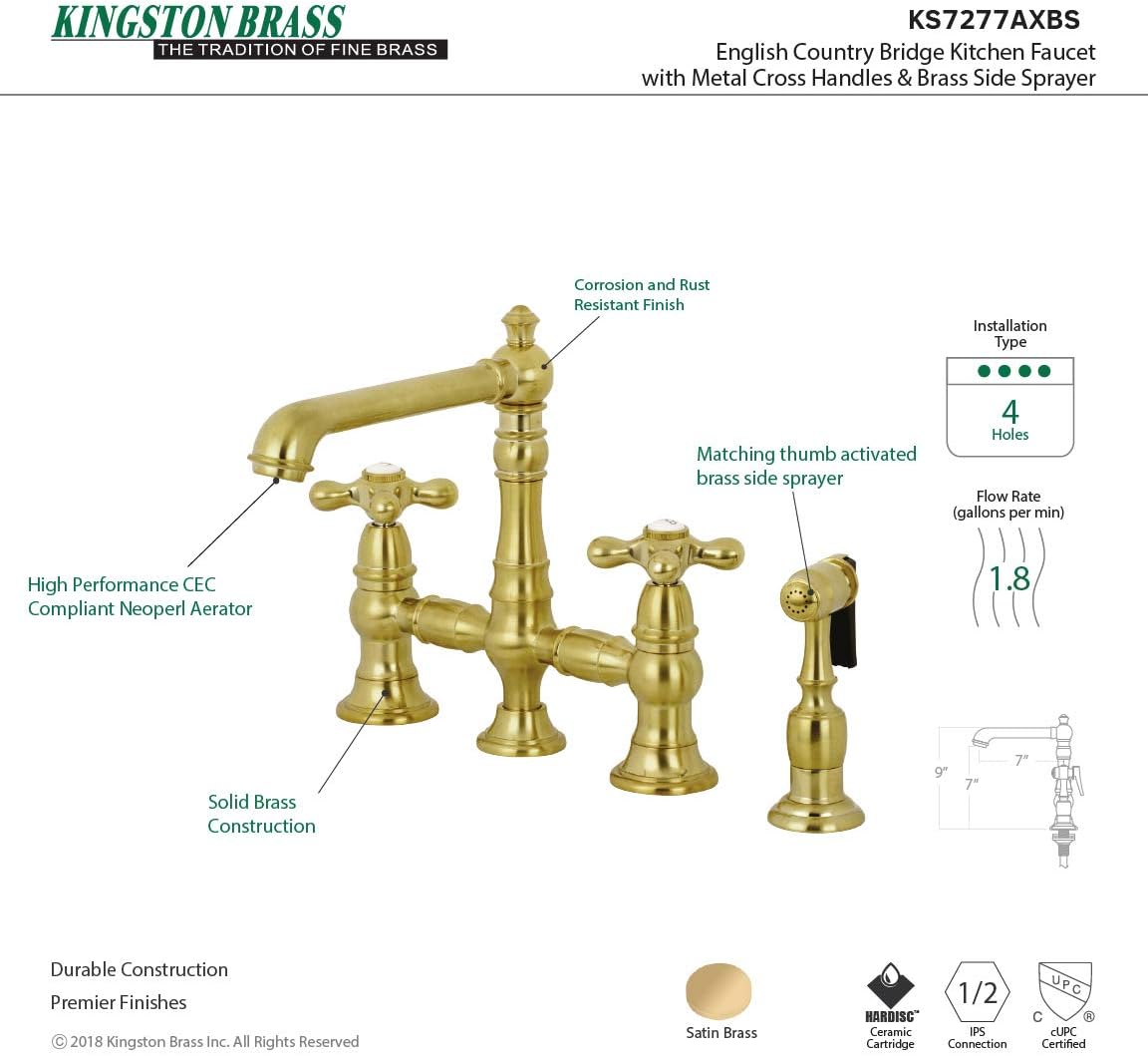 Kingston Brass KS7277AXBS English Country 8" Bridge Kitchen Faucet with Sprayer, Brushed Brass