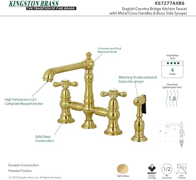Kingston KS7277AXBS Bridge Kitchen Faucet with Brass Sprayer, Brushed Brass