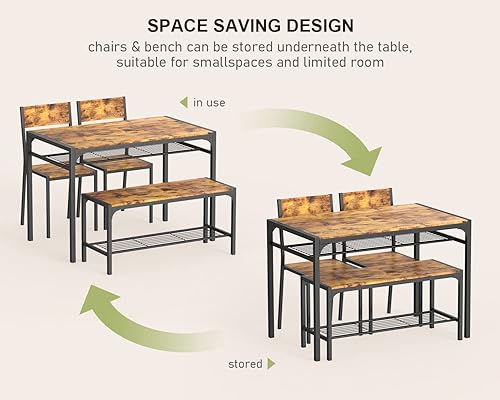 Miniatura 4 de Gizoon Mesa de cocina y 2 sillas para 4 personas con banco, juego de mesa de comedor de 4 piezas para espacios pequeños, apartamento (marrón