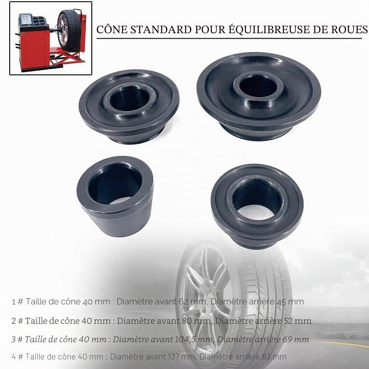 Kit de 4 cônes d'équilibrage de roues, de 62 à 137 mm, en acier au carbone 45, pour machine d'équilibrage de pneus et d'arbre de 40 mm, noirs