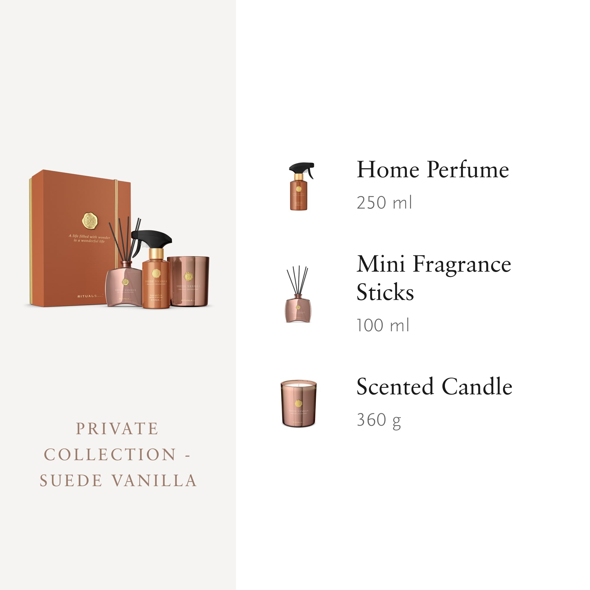 RITUALS Geschenkset Suede Vanilla Large – luxuriöse Raumdüfte aus der Private Collection – Aromatherapie-Geschenkbox mit Raumparfüm, Duftkerze und Duftstäbchen