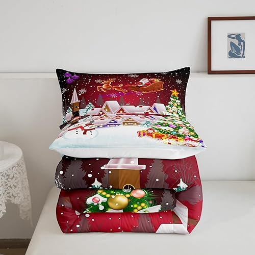 Miniatura 5 de Manfei Juego de edredón de Navidad, tamaño King, juego de ropa de cama de árbol de Navidad de muñeco de nieve, 3 piezas para decoración de