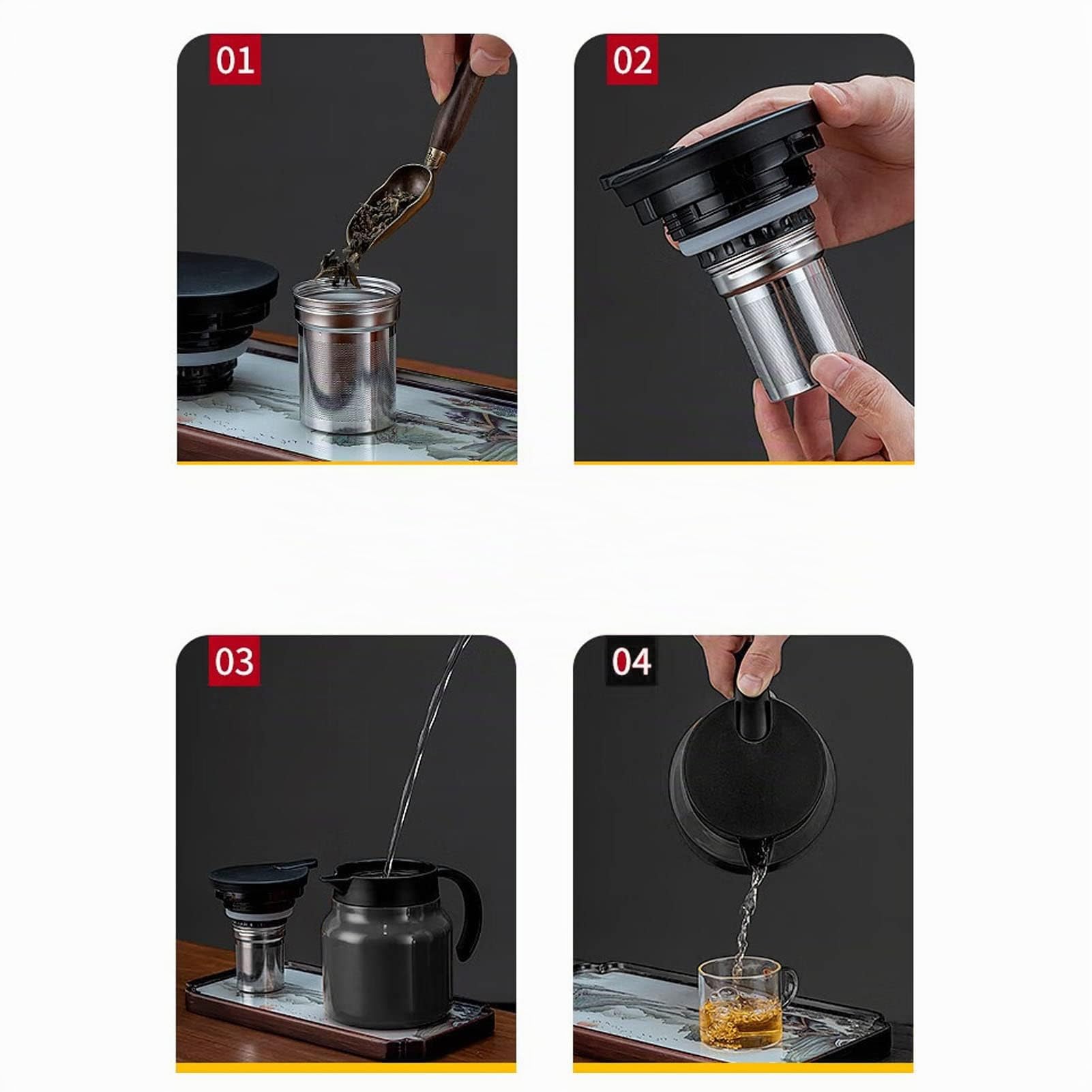 Caraffa Termica per Caffè 1L, Dispenser Isolante per Bevande Calde in Acciaio Inossidabile con Infusore per Tè Rimovibile, Teiera e Dispenser per Casa e Ufficio (Nero)