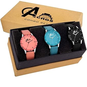 Acnos Analogue Womens Watch (Pack of 3) (Multicolored Dial Multicolored Colored Strap) (605-black-org-skyblue)