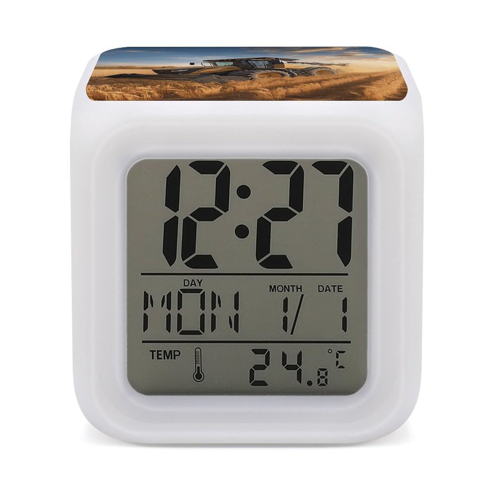 VstaDank Farm Tractor Harvest Alarm Clock for Bedrooms Small Clocks with 7 Color Night Light Desk Clock with Large Numbers Loud Wake Up Timer Ideal for Gift & Room Decor