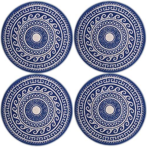 Image of Dining Table Mats Set of 4 | Cotton Table Mat 32 cm Diameter, Encasa XO Washable Round Table Mats, Heat Resistance Dining Table Placemats, Handmade Ribbed Style for Centre Table, Blue Mandala Print