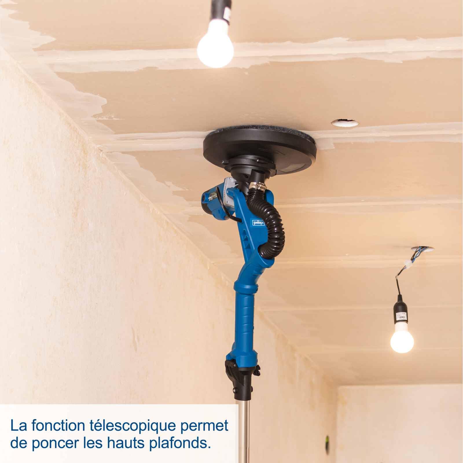 Scheppach Ponceuse Mur & Plafond DS930 | 710 W | Plateau de ponçage Ø215 mm | Télescopique | Tête circulaire ou triangulaire | 4m de tuyau d'aspiration, adaptateurs & abrasifs inclus