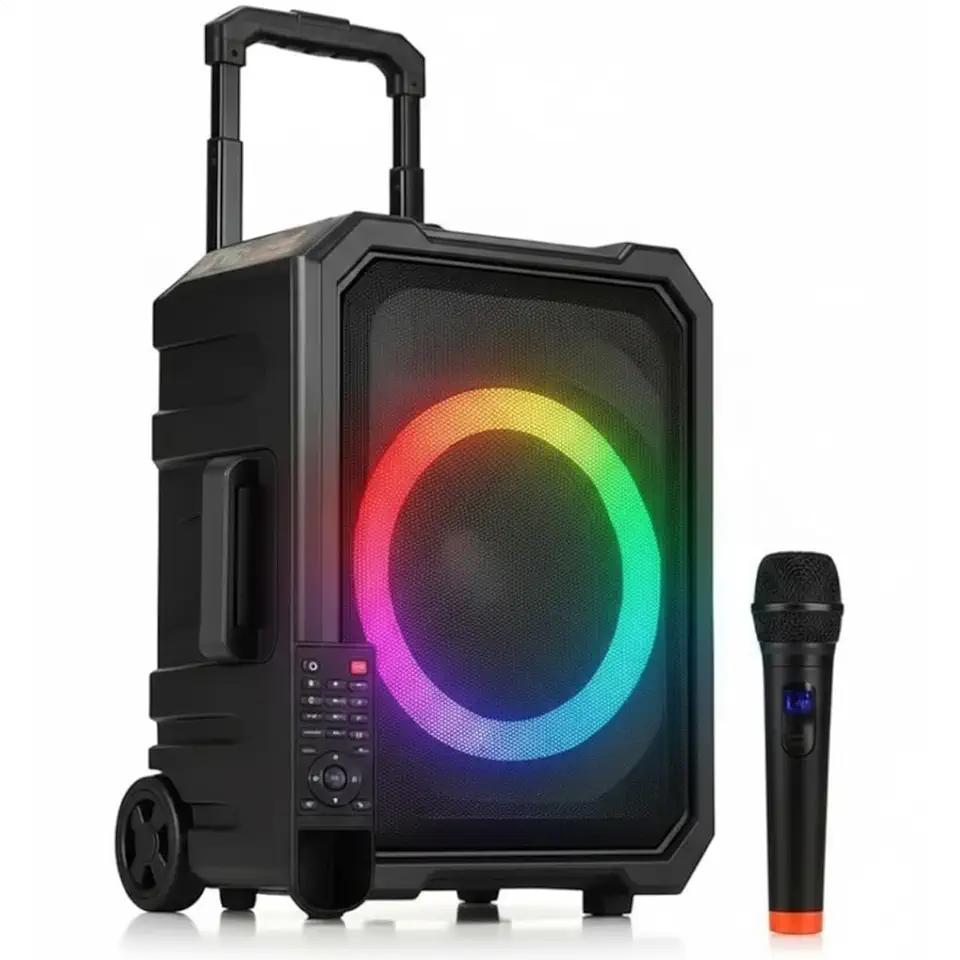 Caixa de Som Bluetooth 200W Karaokê Portátil com Microfone sem Fio Função Priority Playback Autonomia de Até 6 horas Woofer 8” Iluminação RGB TWS para Festa e Evento