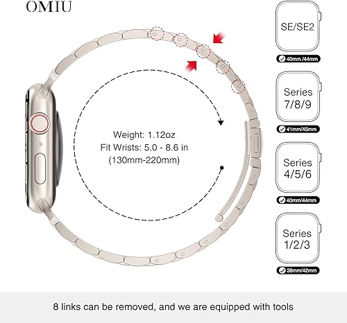 Miniatura 4 de OMIU Correa delgada compatible con Apple Watch de 1.654 in 1.732 in 1.772 in 1.929 in, correa ajustable de acero inoxidable de alta calidad para