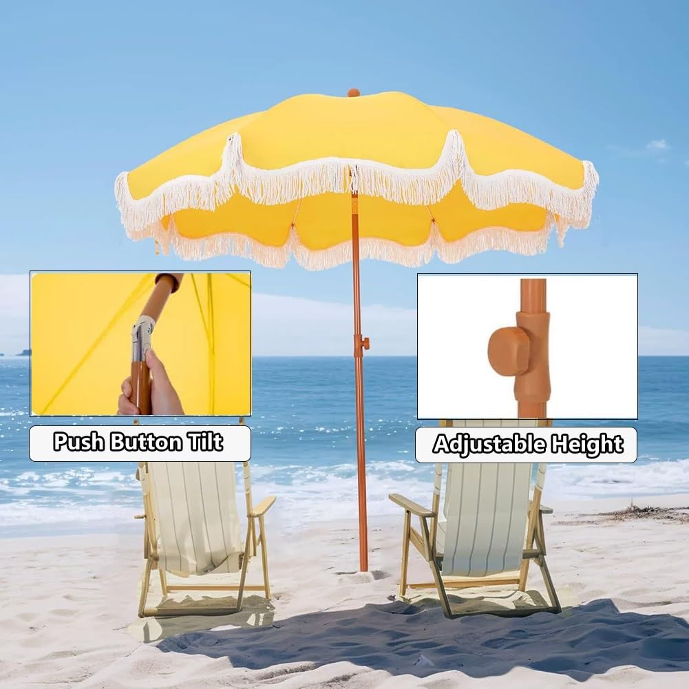 Żółty Parasol Plażowy 200 cm z Kotwicą do Piasku, Parasol Ogrodowy z Frędzlami, Przycisk Nachylenia i Słupkiem o Regulowanej Wysokości
