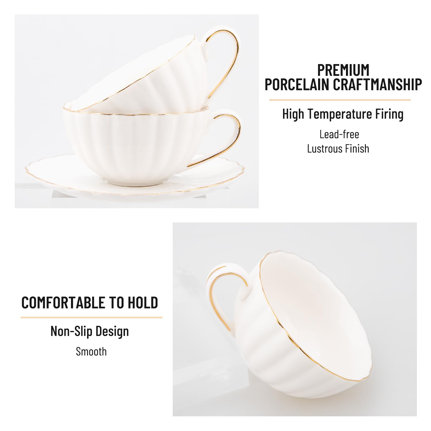 Porzellan-Teetassen und Untertassen, britischer Stil, Keramik-Teetasse, Kaffeetasse, Espressotasse, weißes Teetassen-Set für Frauen, Zuhause, Küche, Büro, Café, Teeparty, 200 ml, 6 Stück
