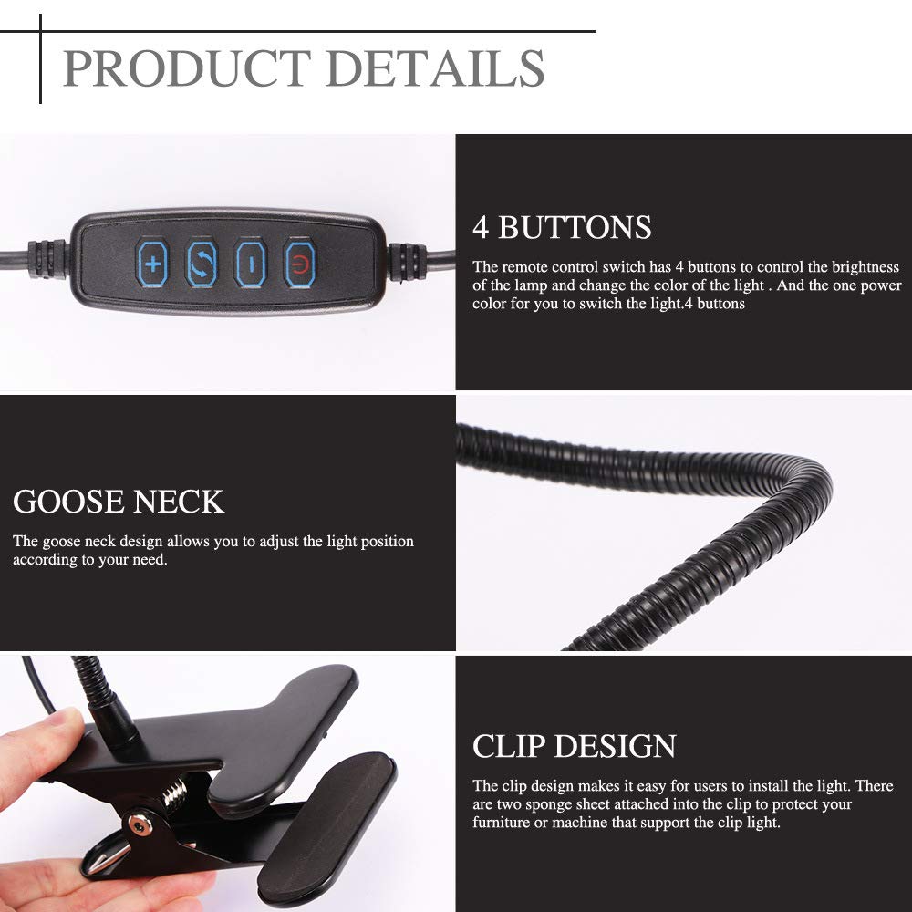 Lampe bureau LED à clip USB, lampe lecture réglable à 3 modes, lampe à pince avec interrupteur à lumière naturelle 6 W, col cygne flexible à 360 degrés pour étude, lecture, travail, tatouage, cheve