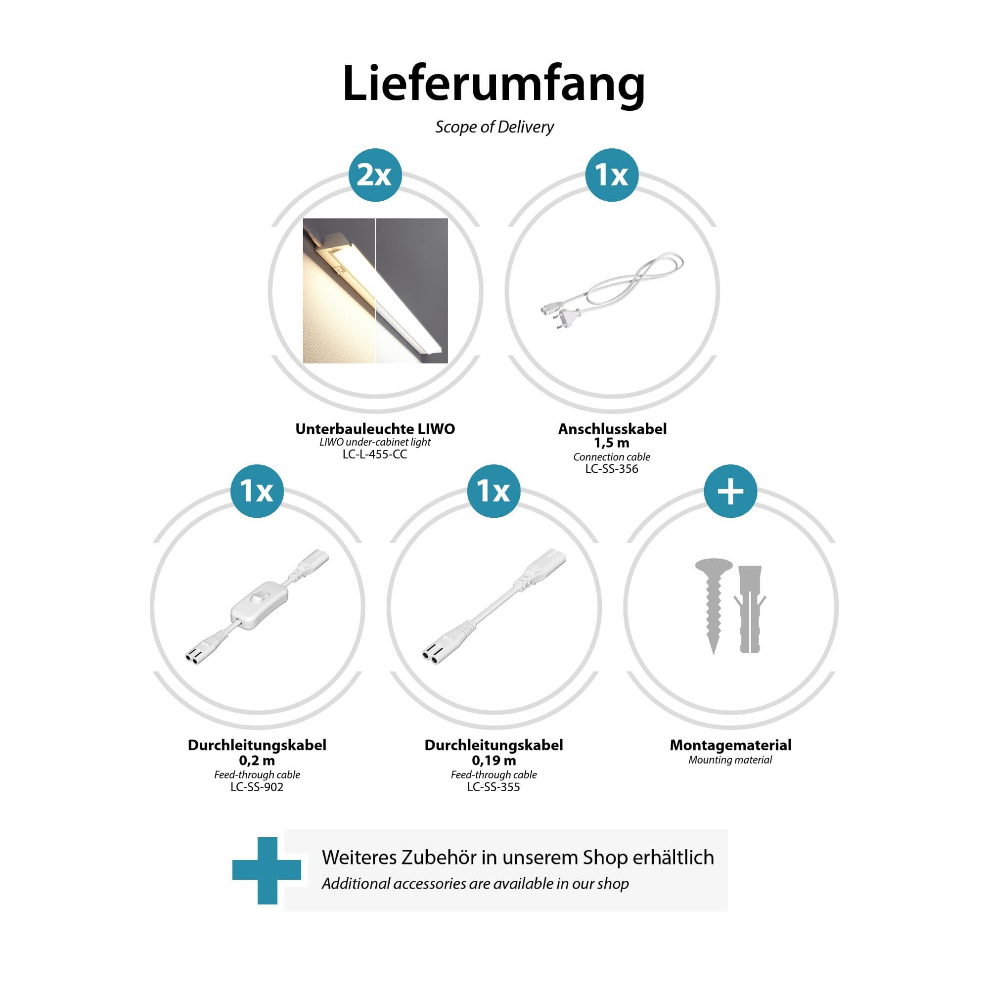 ledscom.de LED Unterbauleuchte LIWO 58cm, schwenkbar, mit Schalter, je 958m, warmweiß/weiß, 2er Set
