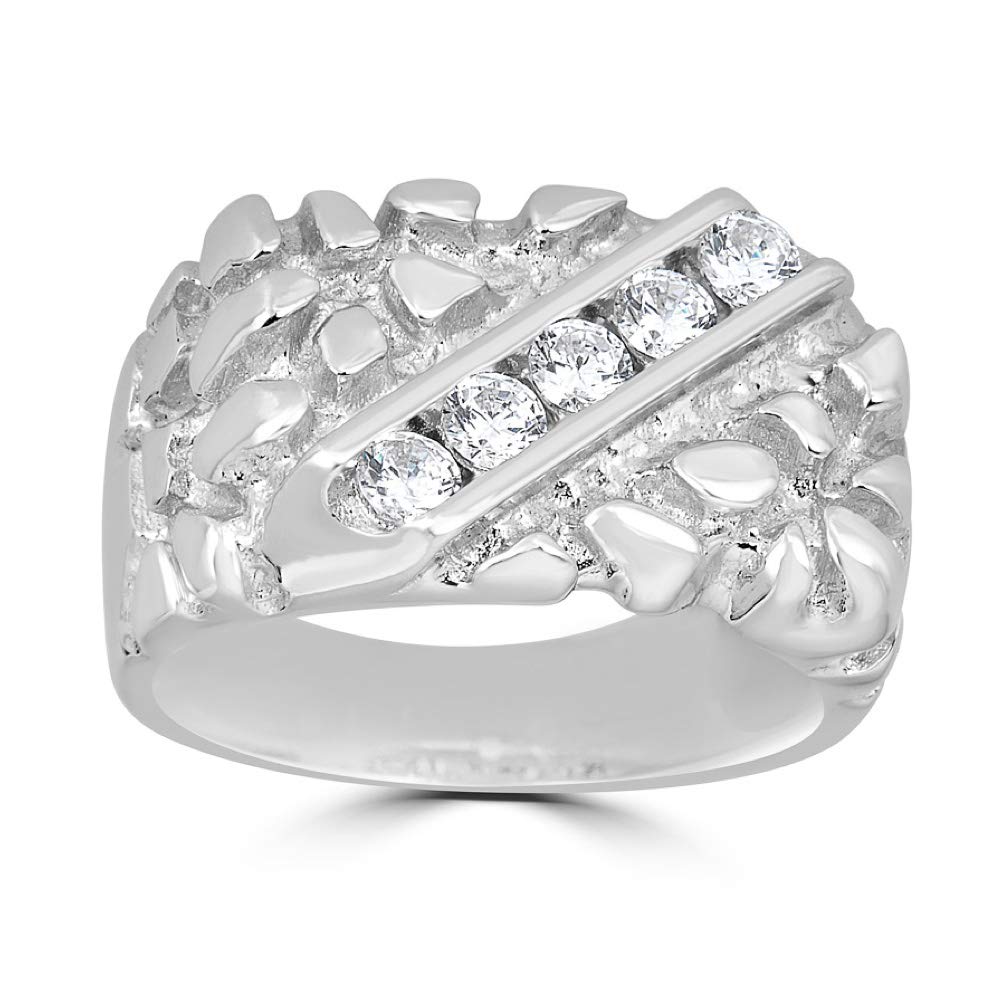 Solid 925 Sterling Silver Mens Silver Nugget Ring Iced Pinky