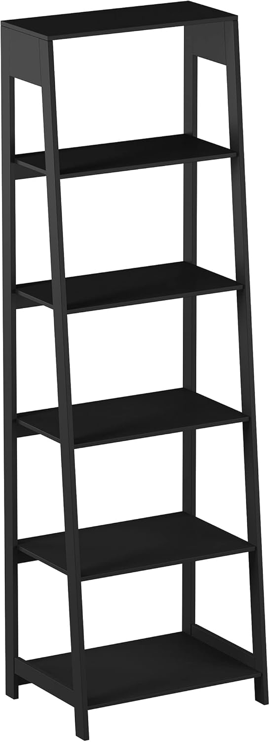 Lavish Home 5-Tier Ladder Bookshelf - Modern Freestanding Wooden Bookcase with Leaning Look Frame Design - Display Shelves for Books, Décor, and Storage in Home, Living Room or Office (Black)