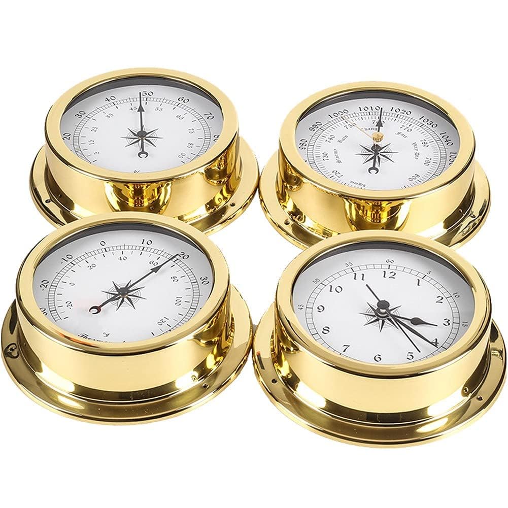 Set di 4 stazioni meteorologiche con barometro tradizionale in ottone, kit orologio termometro igrometro da parete marino da 5,7 pollici, strumenti meteorologici analogici portatili per barche, arre