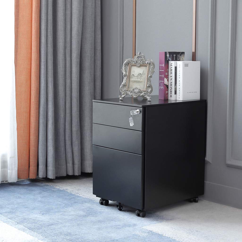 Loywe Cassettiera da Ufficio con Ruote e serratura, inclusi 3 cassetti, Contenitore per ufficio con meccanismo antiribaltamento per A4 Documenti e Cancelleria 39 x 50 x 60 cm Nero LWB020-S
