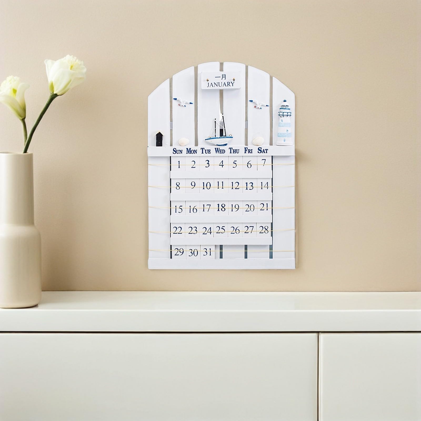 Calendario de Pared de Madera Mdf Estilo Mediterráneo Resistente y No Fácil de Deformar para Adorno de Hogar y Fiesta Verano