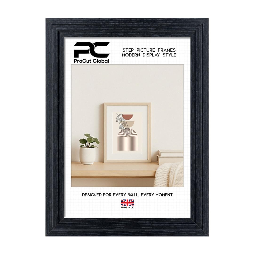 Procut Global 6x4 Black Picture Frames - Modern Step Wooden Photo Frame with Shatterproof Perspex for Wall or Tabletop - Perfect for Posters, Certificates & Prints - Sizes & Colors Available — image 1
