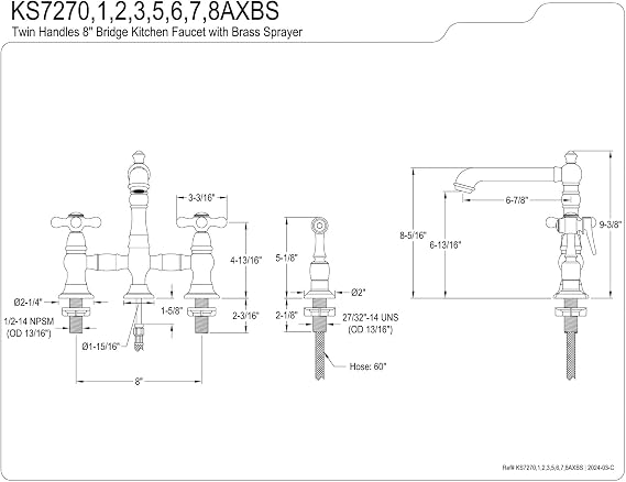 Kingston KS7277AXBS Bridge Kitchen Faucet with Brass Sprayer, Brushed Brass