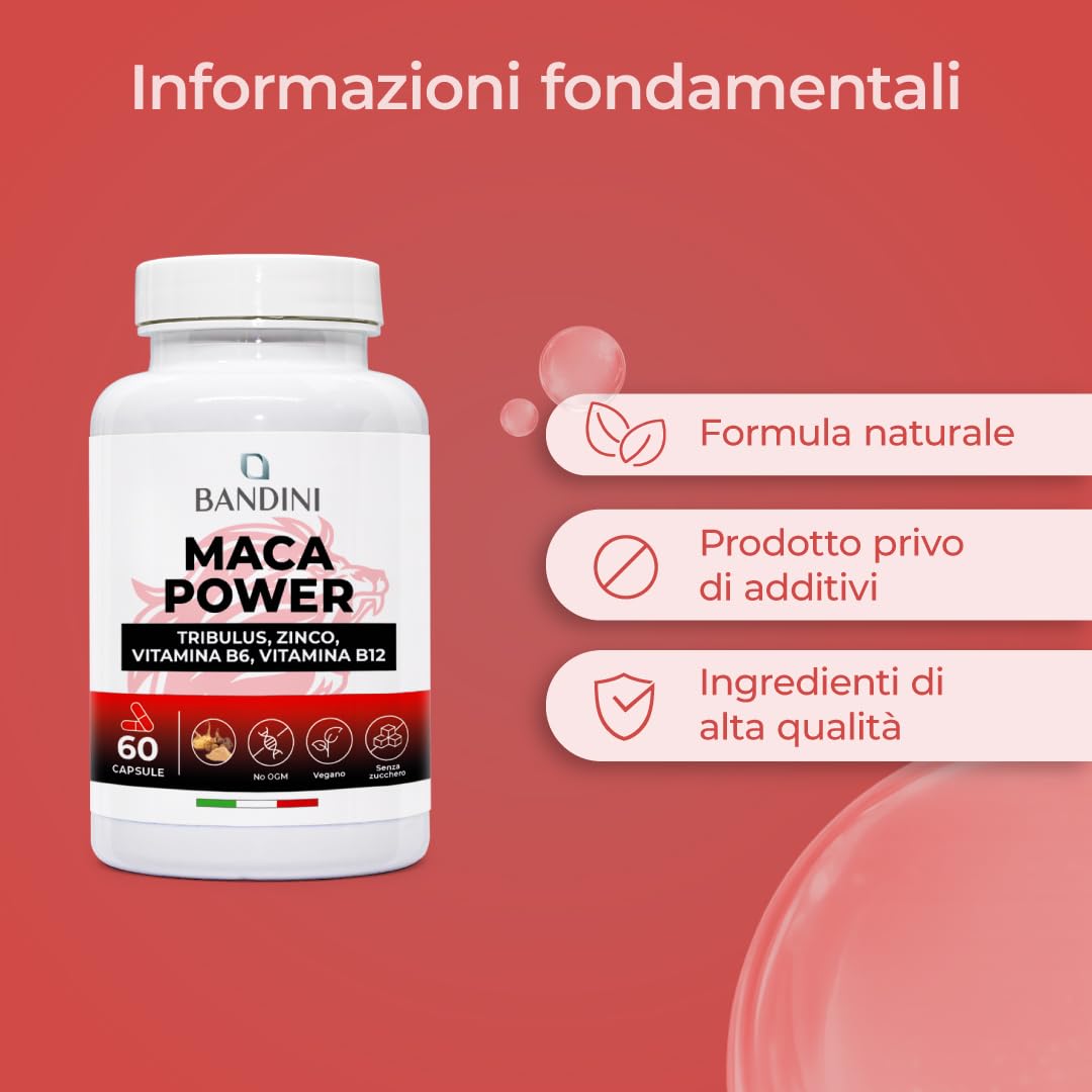 Bandini® MACA POWER Peruviana, 60 Capsule 100% Vegane, Complesso ad Alto Dosaggio con Tribulus, Arginina, Zinco, Vitamina B6 e B12 - Stanchezza Fisica e Mentale, Energia, Sport - Made in Italy