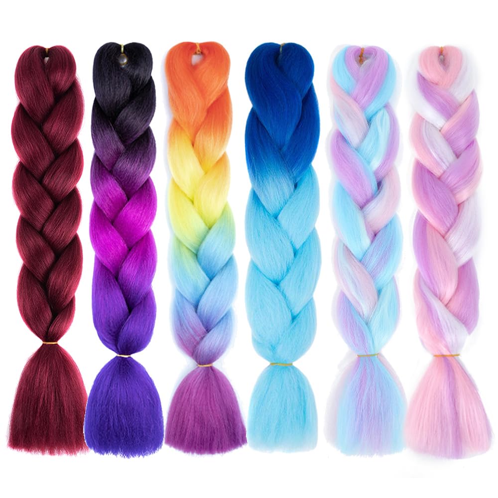 AFNOTE Braiding Hair,24 Inch 6 Packs Rainbow Braiding Hair Extensions for Women Girl Ombre Synthetic High Temperature Colorful Jumbo Braid Hair for
