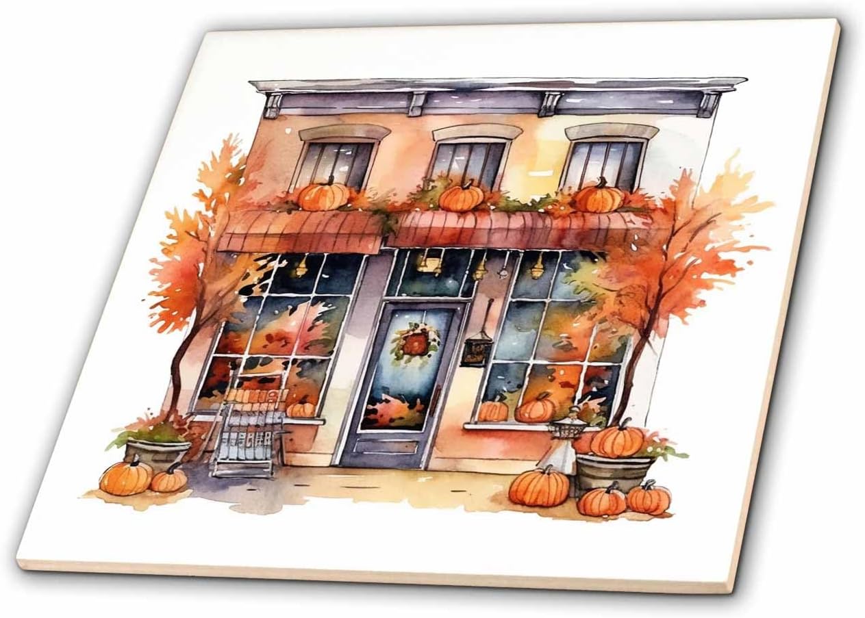 3dRose Fall Store Front Illustration 12 Inch Ceramic Tile