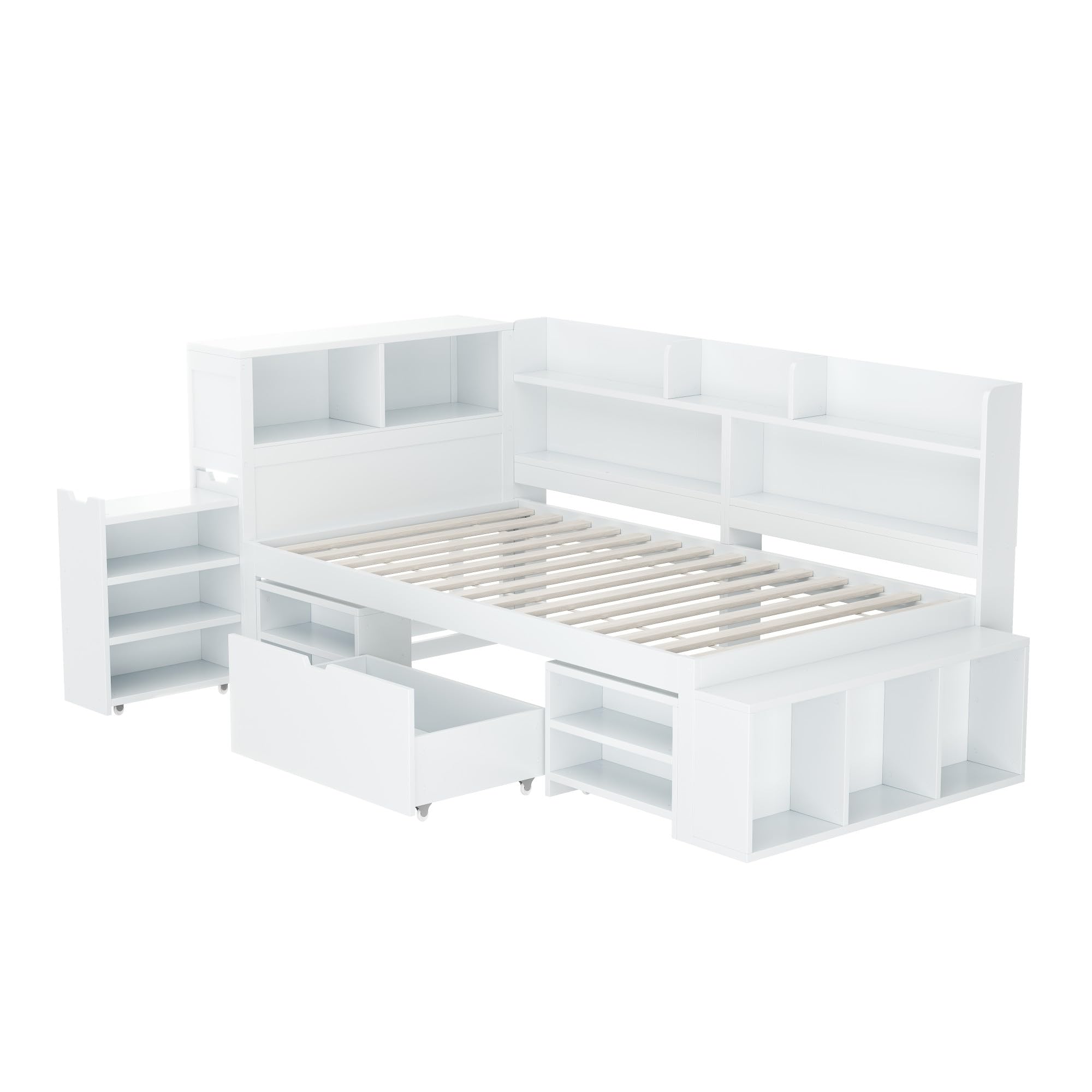Zepneiy Lit Enfant 90x190 avec tiroirs et étagères, Lit Simple 90x200 multifonctionne avec Grand Espace de Rangement et sommier à Lattes, Crade de Blanc (sans Matelas)