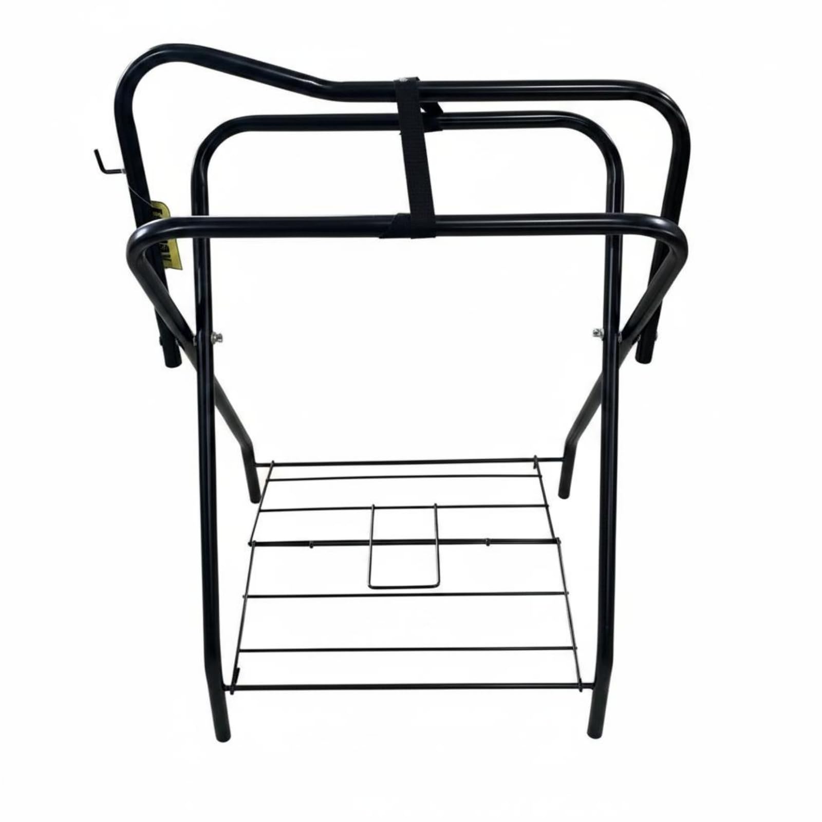 Milageto Supporto Sella Porta Sella Cavallo Cavallerizza Metallo Verniciato Nero con Guide Superiori Arrotondate E Piano Inferiore a Rete per Attrezzatura