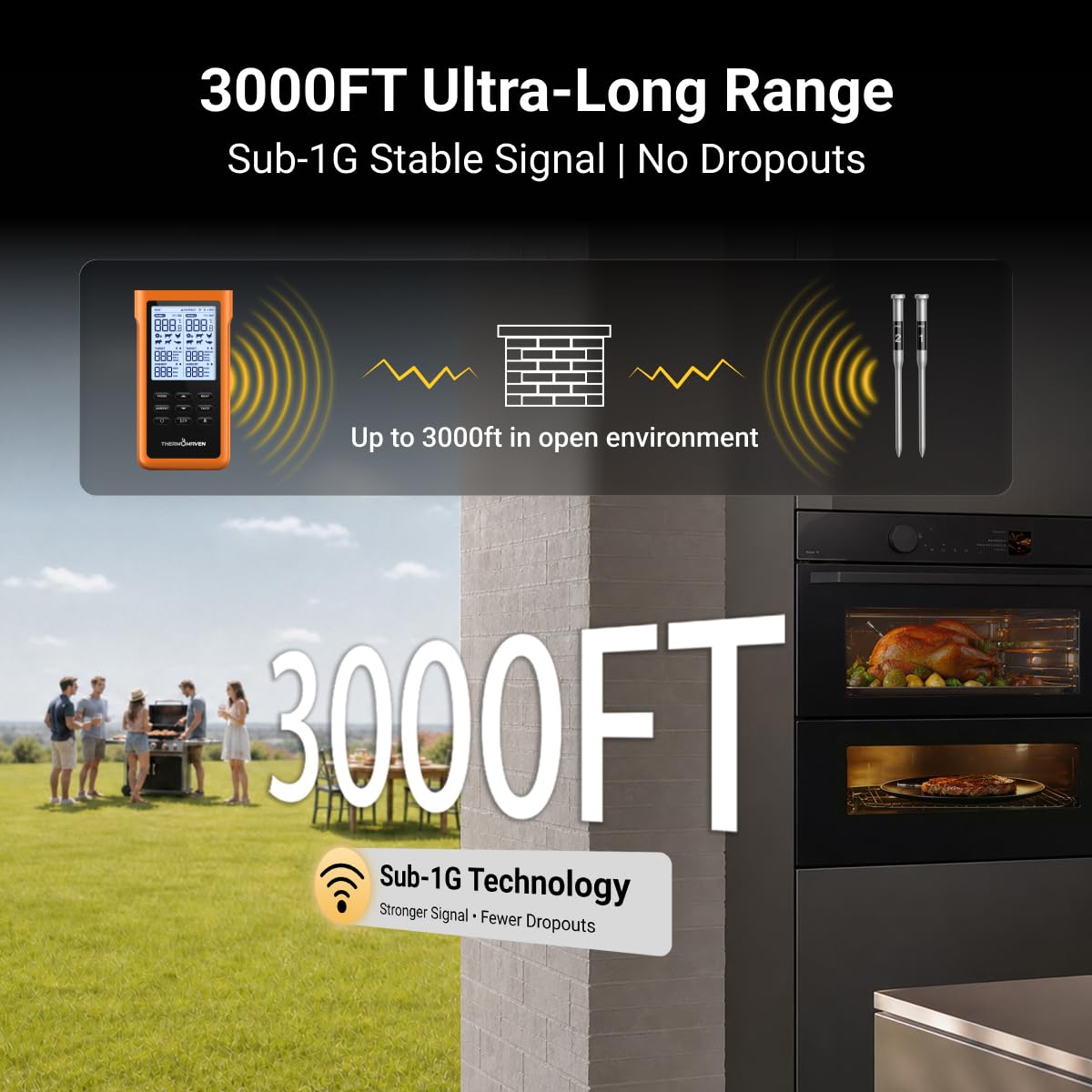 ThermoMaven 3000FT Smart Wireless Fleischthermometer, Sub-1G Langstrecke, 6 Sensoren (NIST genau), 2 dünne Sonden, Basisstation mit LCD, für Grill, BBQ, Ofen, Räucherofen (Orange)