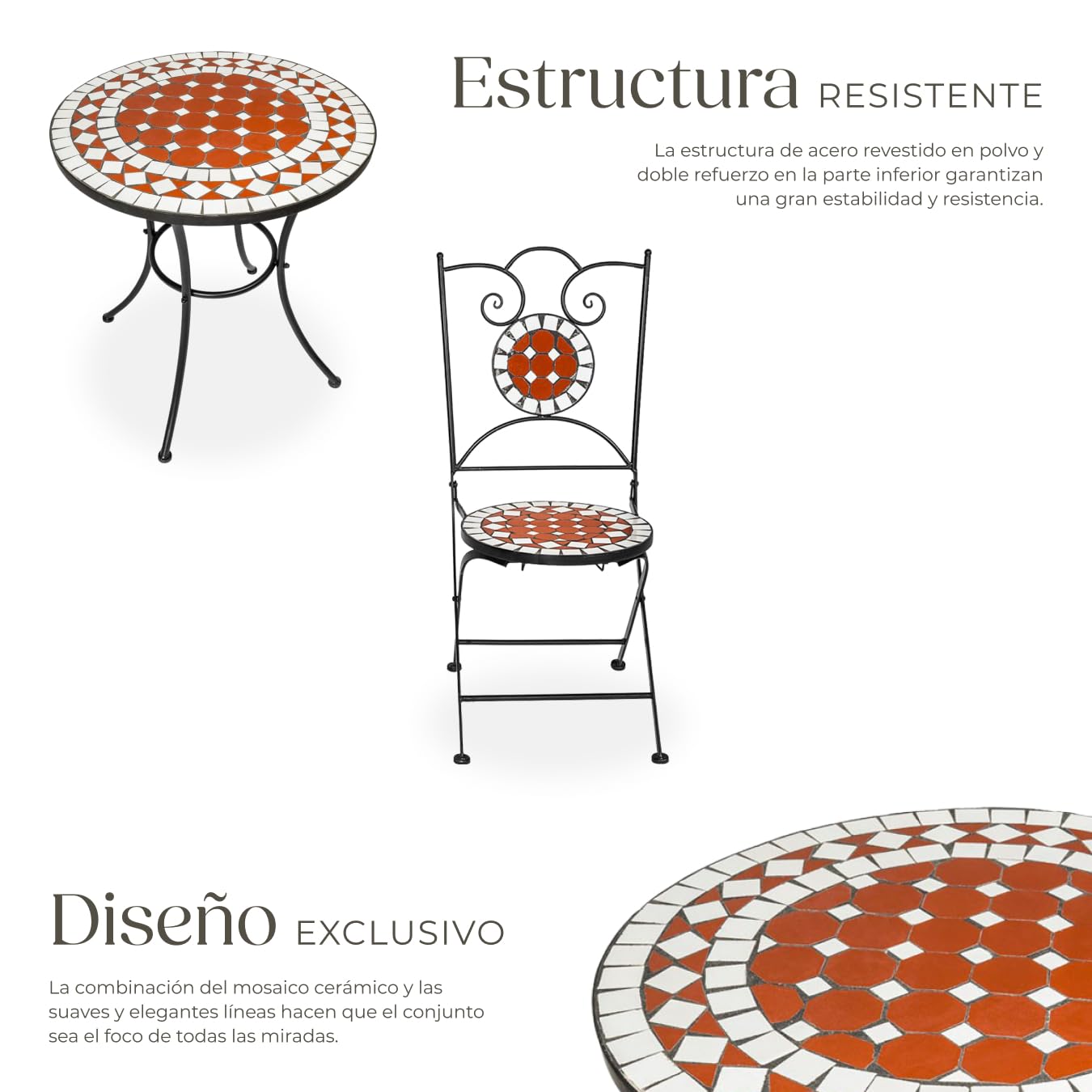 tectake® Conjunto Muebles Jardín Exterior de Metal y Cerámica, 1 Mesa y 2 Sillas Plegables, Muebles Terraza Impermeables y Resistentes a Intemperie, Gran Capacidad de Carga, Fácil Limpieza - marrón