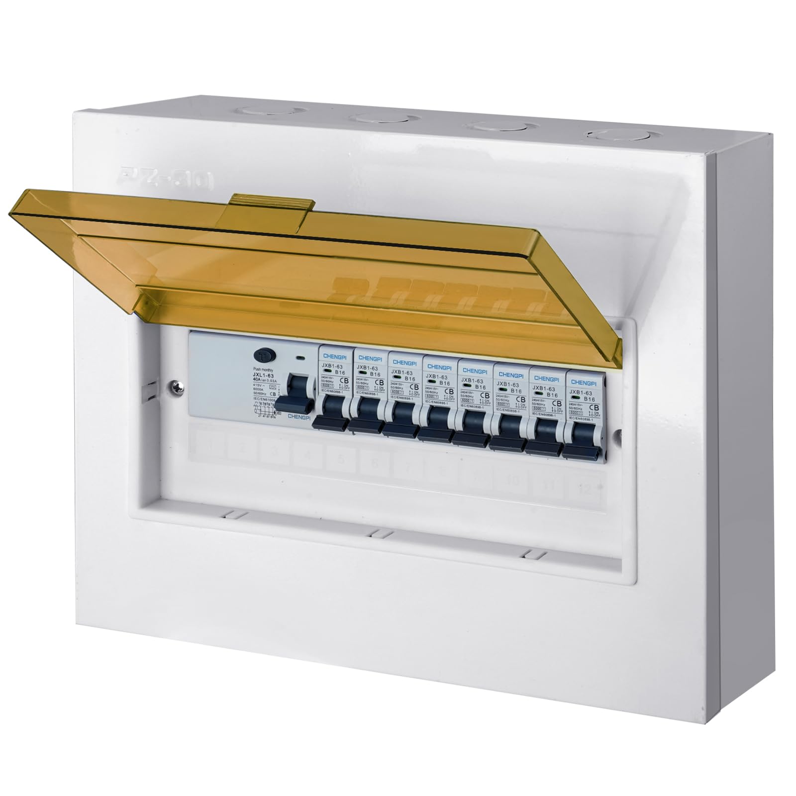 Coffret Electrique, Tableau Electrique 1 Rangée 12 Modules, Boitier Etanche Electrique Exterieur Avec Disjoncteur Différentiel 4P Type A 40A 30mA FI RCCB et 8 Fusibles AC B16
