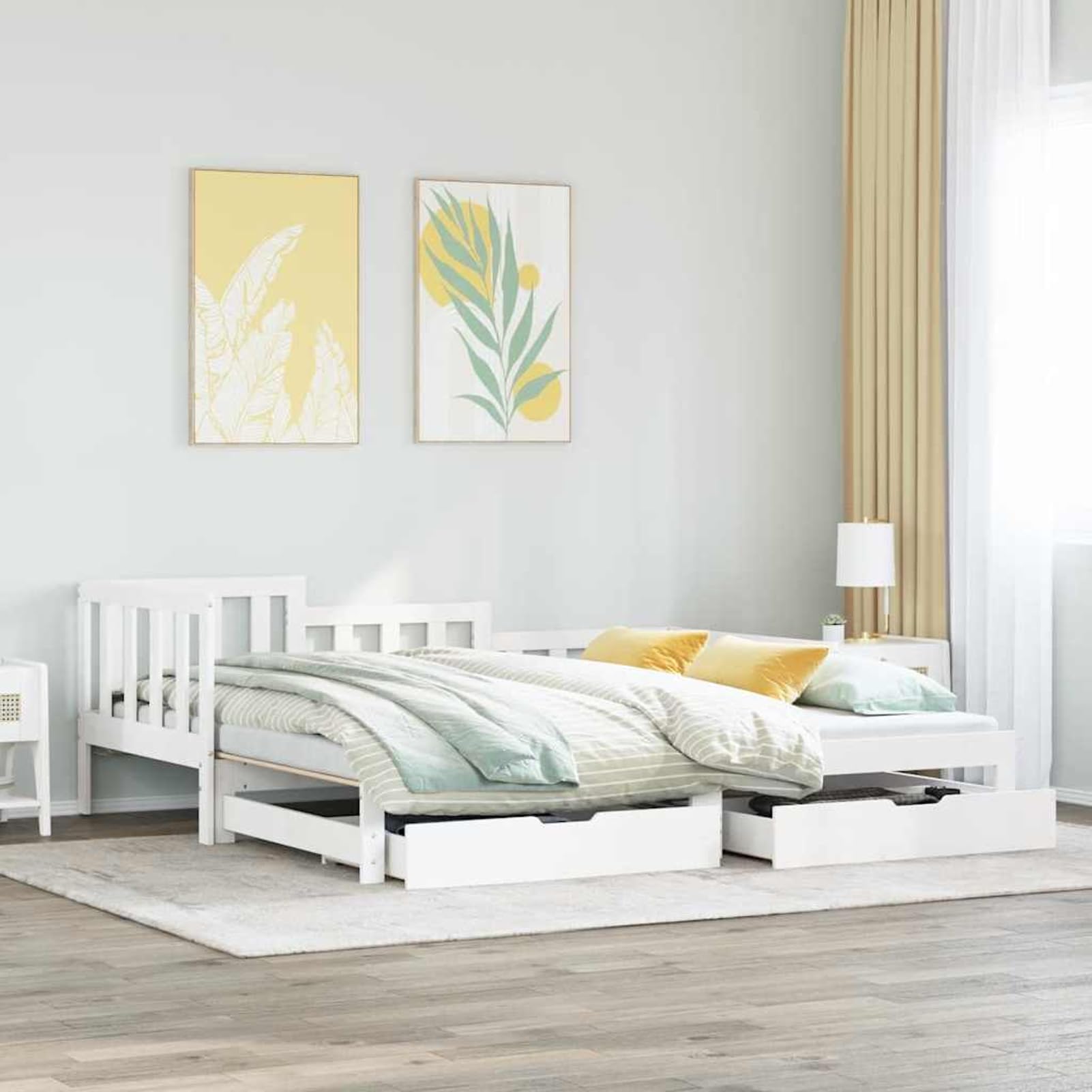 ATOMSTACK MAKER Sofa Cama Plegable 2 en 1 Con Cajones de Almacenamiento, Estructura de Madera Maciza de Pino Blanco, 193,5 x 184 cm (Extendido), Ideal para Salón o Dormitorio de Invitados