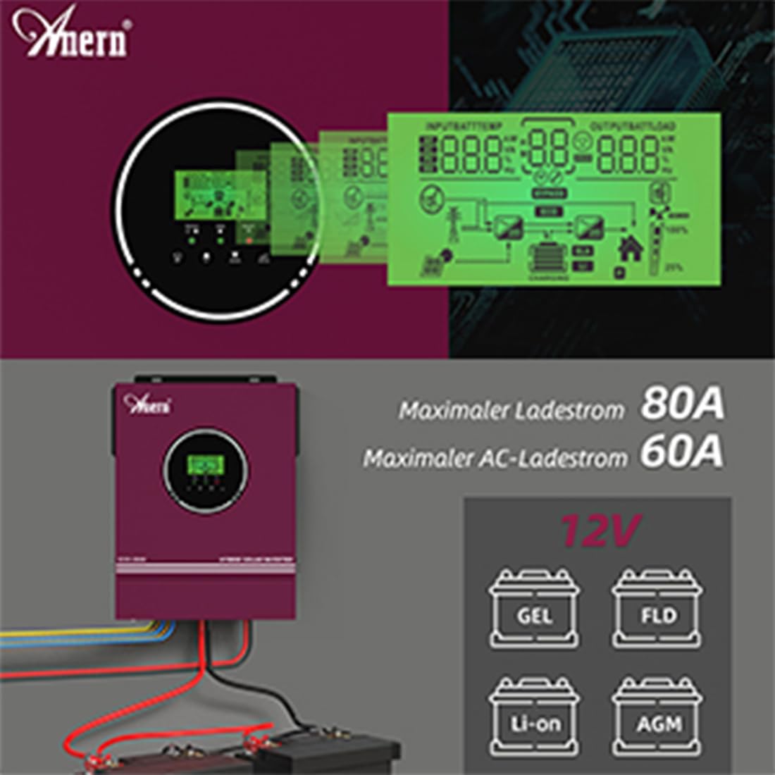 Anern 2000W 2KW Solar Wechselrichter Hybrid 12VDC bis 230VAC 2000W, Integrierter MPPT 80A Solar Ladegerät, Max. 400V PV Eingangsspannung, Betrieb mit Blei- und Lithium-Batterien (2KW)