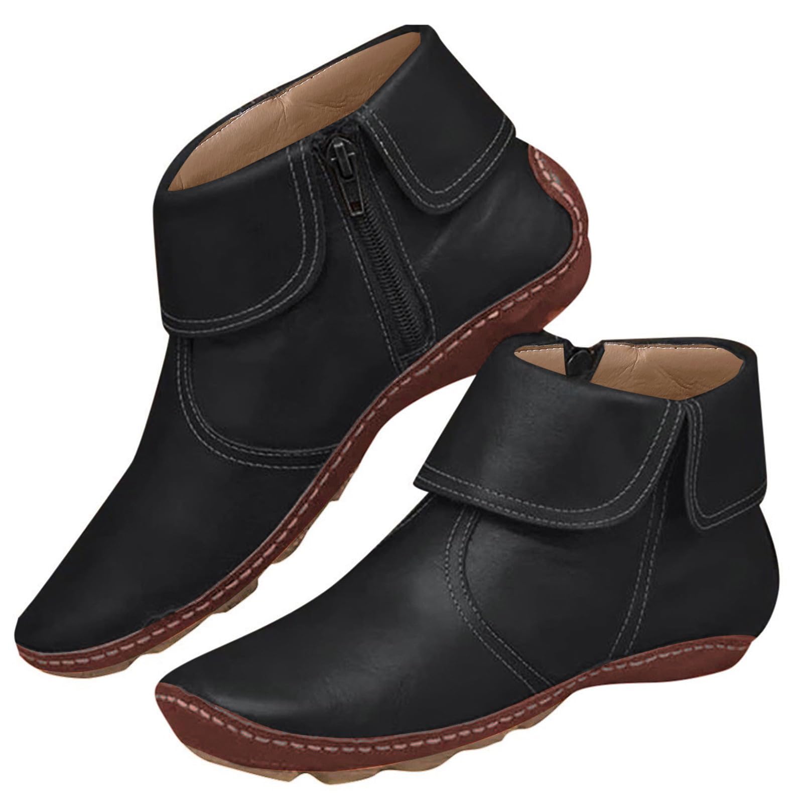 Womens Ankle Boots Arch Support Fashion No Heel Side Zipper Vintage Leather Comfortable Slip On Booties Casual Short