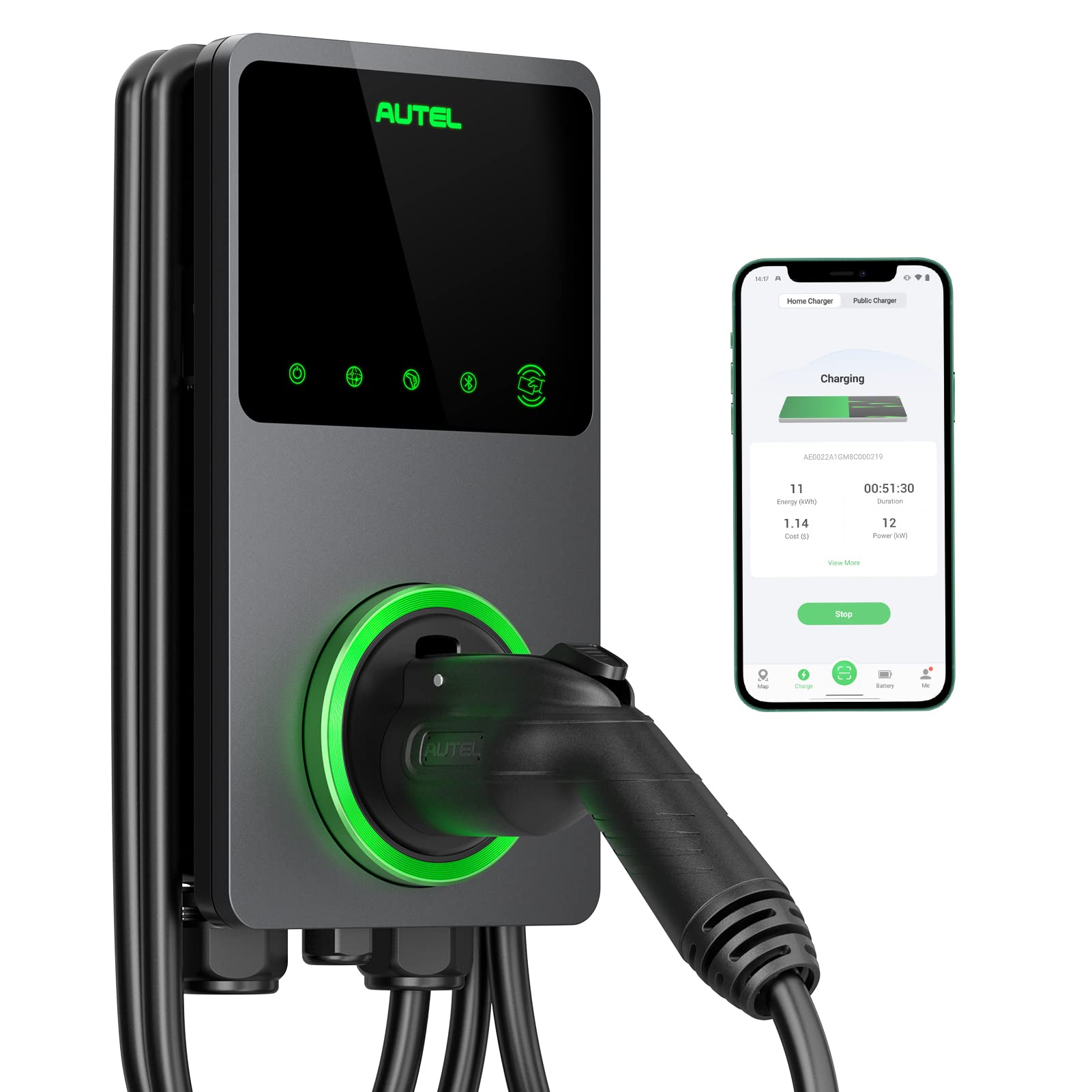 Autel Level 2 EV Charger 50 Amp Smart AI Electric Vehicle (EV) Charger, Wi-Fi and Bluetooth Enabled EVSE, Indoor/Outdoor Car Charging Station, with in-Body Holster and 25-Foot Cable Hardwired
