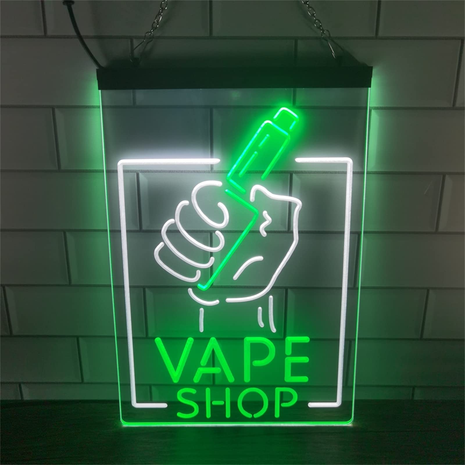 REWIS Vape Shop LED Neon Sign, Custom USB Powered Dual Color 3D Engraved Neon Lights with Dimmer, for Smoke Bar Vape Shop Wall Hanging Dimmable Decorative,White Green,40x30cm