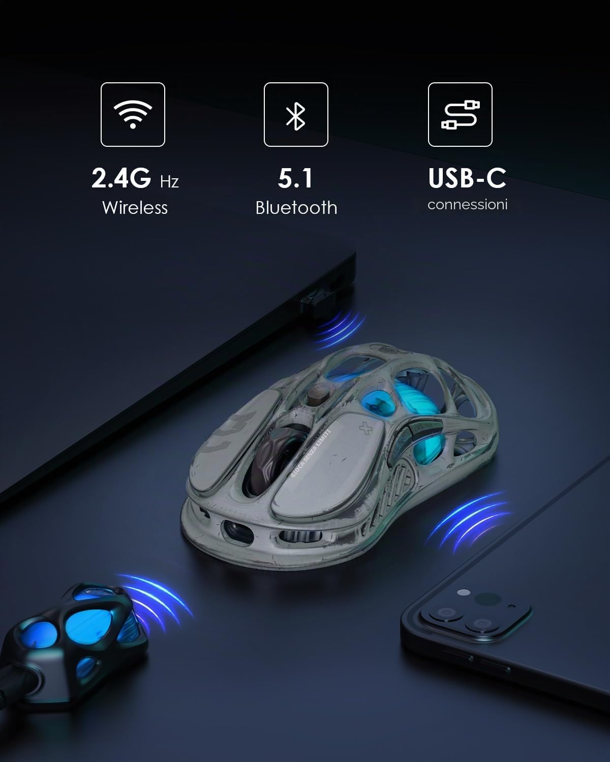 GravaStar Mercury M1 Pro Mouse Gaming Wireless, Magnesio, Misteia d'Argento | Mouse da Gioco Senza Fili Sensore PAW3395DM da 26.000 DPI, Tri-Mode (USB-C/2,4GHz/Bluetooth), 5 Pulsanti Programmabili e RGB
