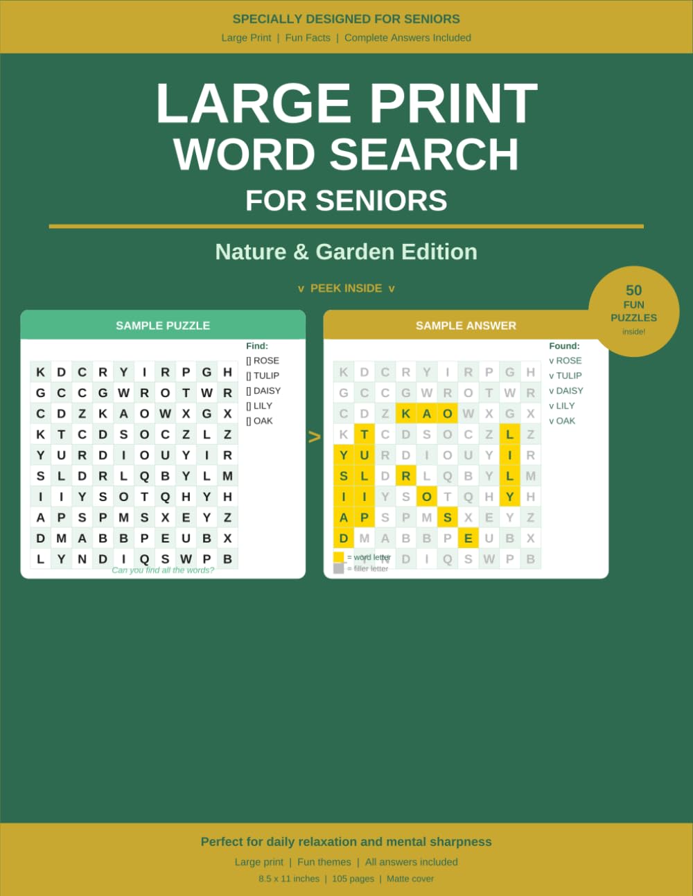 Large Print Word Search for Seniors: Nature & Garden Edition: 50 Fun Puzzles with Extra-Large Letters, Fun Facts & Complete Highlighted Answers