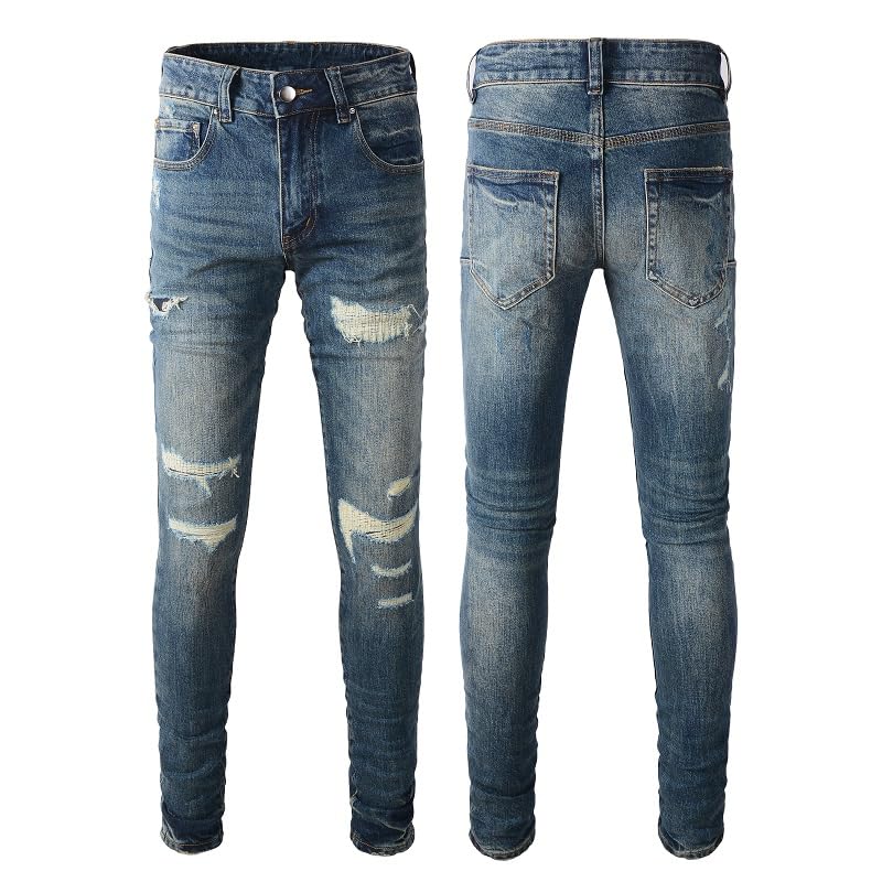 Mens Blue Denim Ripped Jeans Skinny Pants Stretch Slim Fit Distressed Trousers