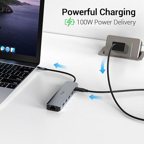 Miniatura 6 de Hub USB C, adaptador multipuerto USB C de JESWO con RJ45 Ethernet, 4K HDMI, 100 W PD, 3 puertos USB 3.0, base tipo C para laptop Thunderbolt 3,