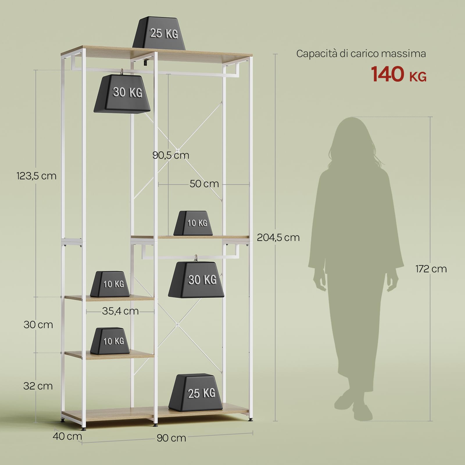 WOLTU Porta Abiti in MDF e Acciaio, Appendiabiti con Scaffali, Attaccapanni Moderno, Guardaroba Armadio Bianco 90x40x204,5 cm