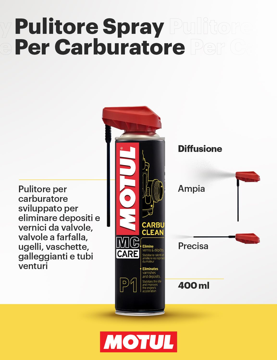 Motul - Pulitore per Carburatori Moto - Aerosol - Dissolve Ogni Deposito, Vernice o Gomma - Azione Rapida e Potente - Facile Utilizzo - MC Care Carbu Clean P1-400 ml