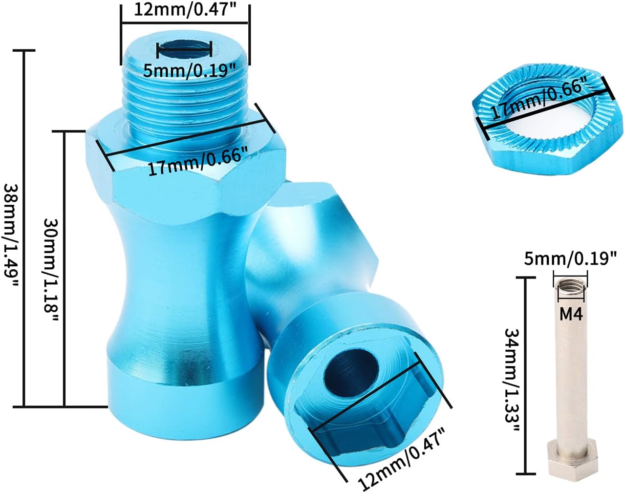 4pcs 12mm to 17mm Wheel Hex Adapter Extender for 1/10 RC Car - 30mm Offset Hub with Lock Nuts & Wrench, RC Parts & Accessories for Off Road Truck Buggy Crawler Upgrade to 1/8 Tires (Sky Blue)