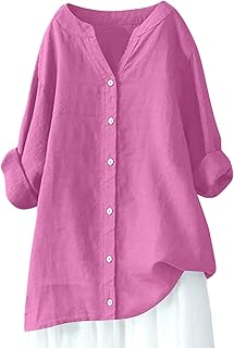 Blusa de manga larga para mujer con botones, holgada, color liso, informal, de manga larga, Rosa., 5XL